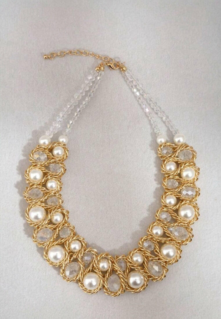 Crystal Pearl Beaded Double Row Necklace