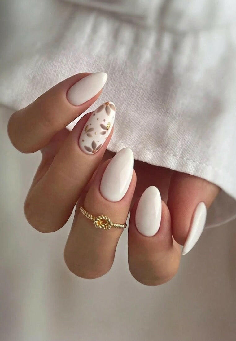 24 Pcs Almond Shape White Solid Color with Floral Design Press On Nails