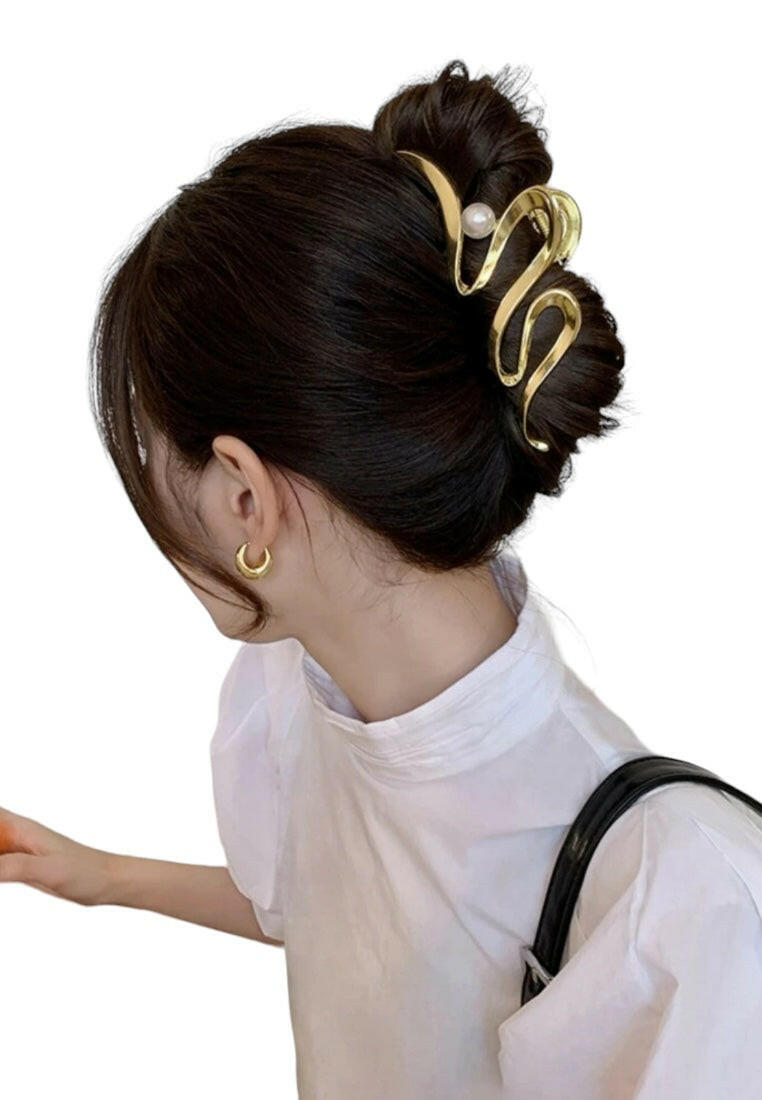 Irregular Geometric Wave Metallic & Artificial Pearl Hair Claw Clip