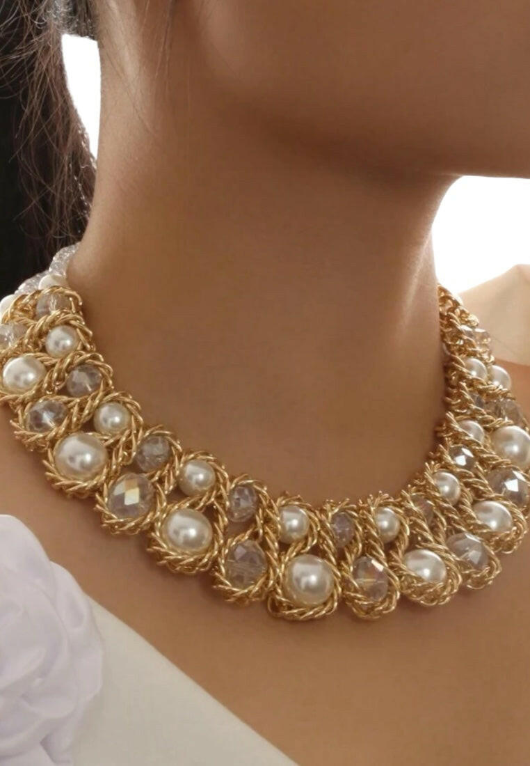 Crystal Pearl Beaded Double Row Necklace