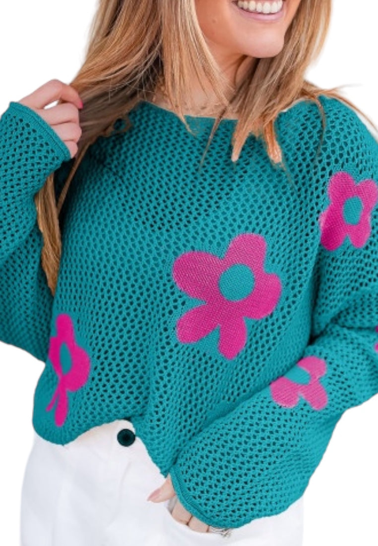 Sea Green Big Flower Hollowed Knit Drop Shoulder Sweater