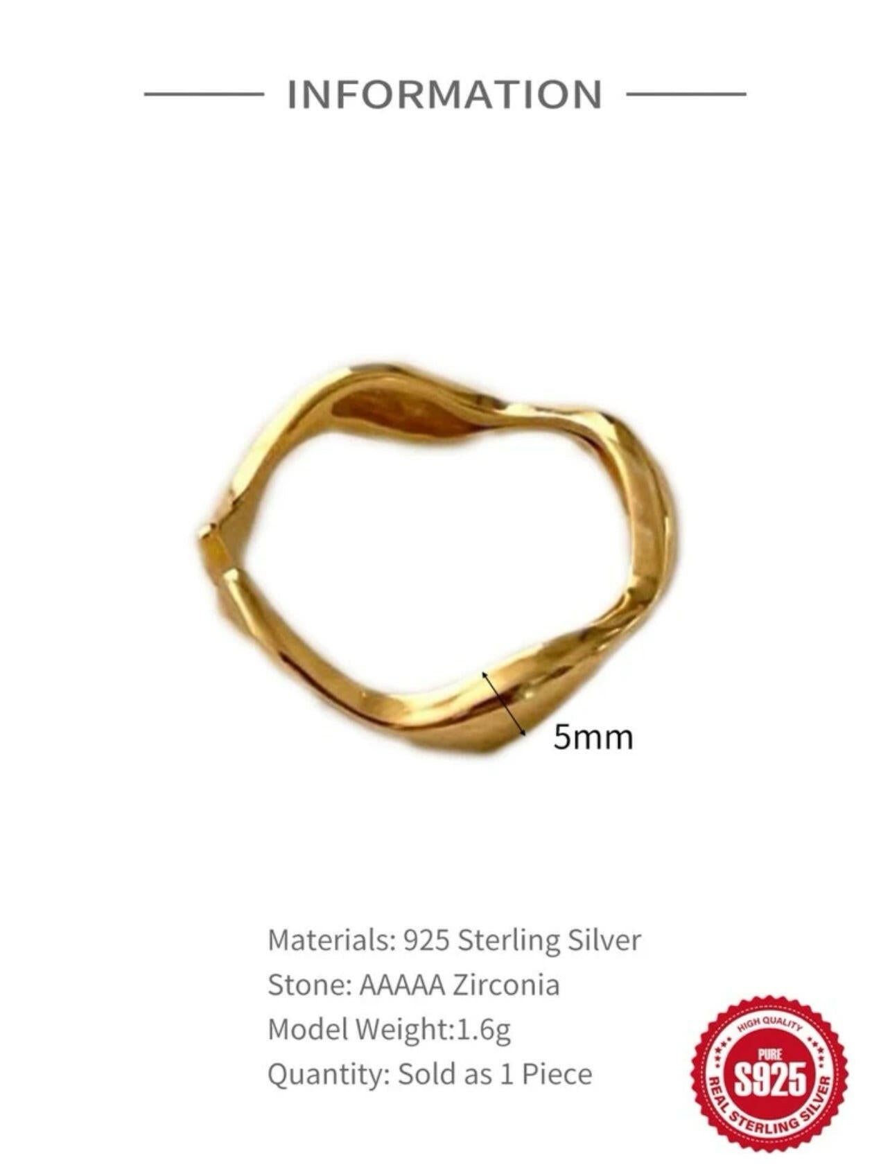 1pc 925 Sterling Silver Simple Curve Ring