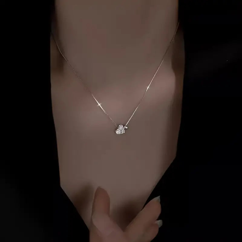 925 Sterling Silver Inlaid Zircon Double Love Heart Pendant Necklace