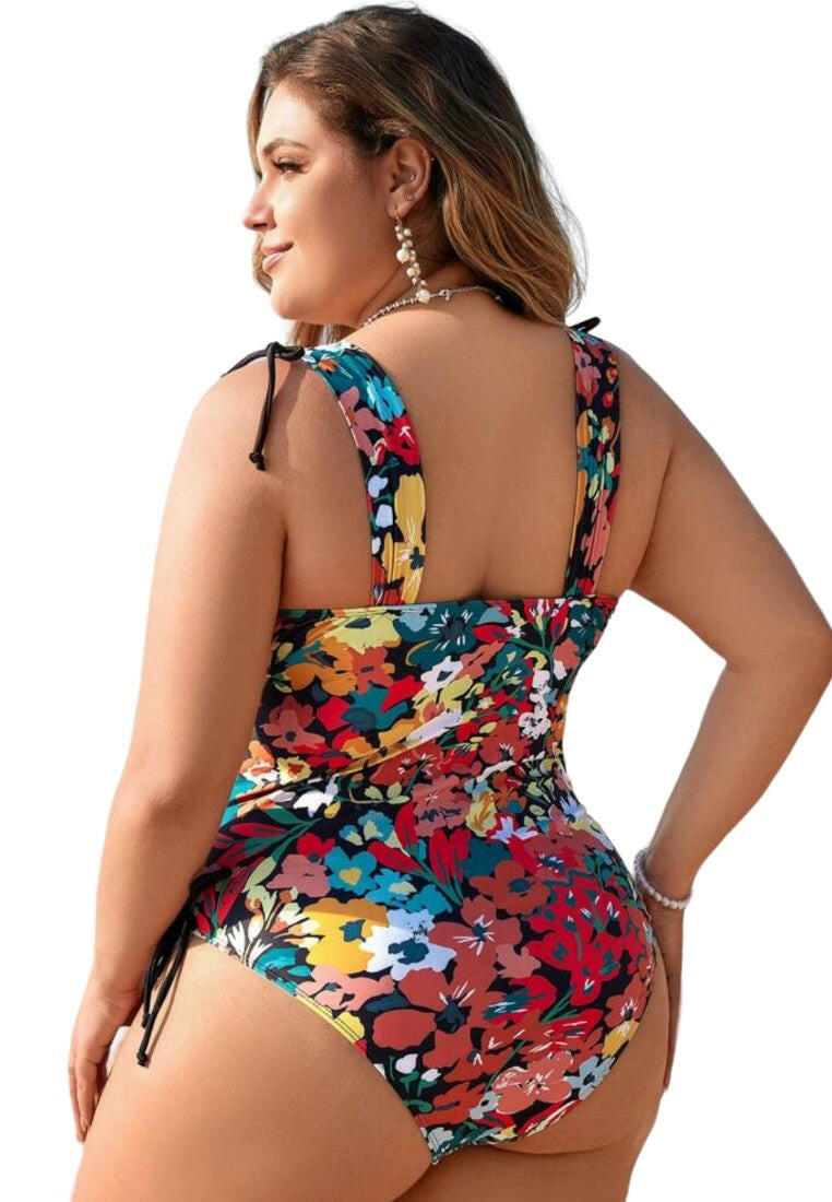 Classy Flower Print V-neck Plus Size  Swimwear