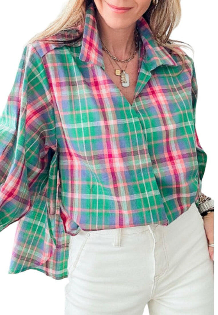 Green Checkered 3/4 Sleeve Collared Loose Fit Shirt