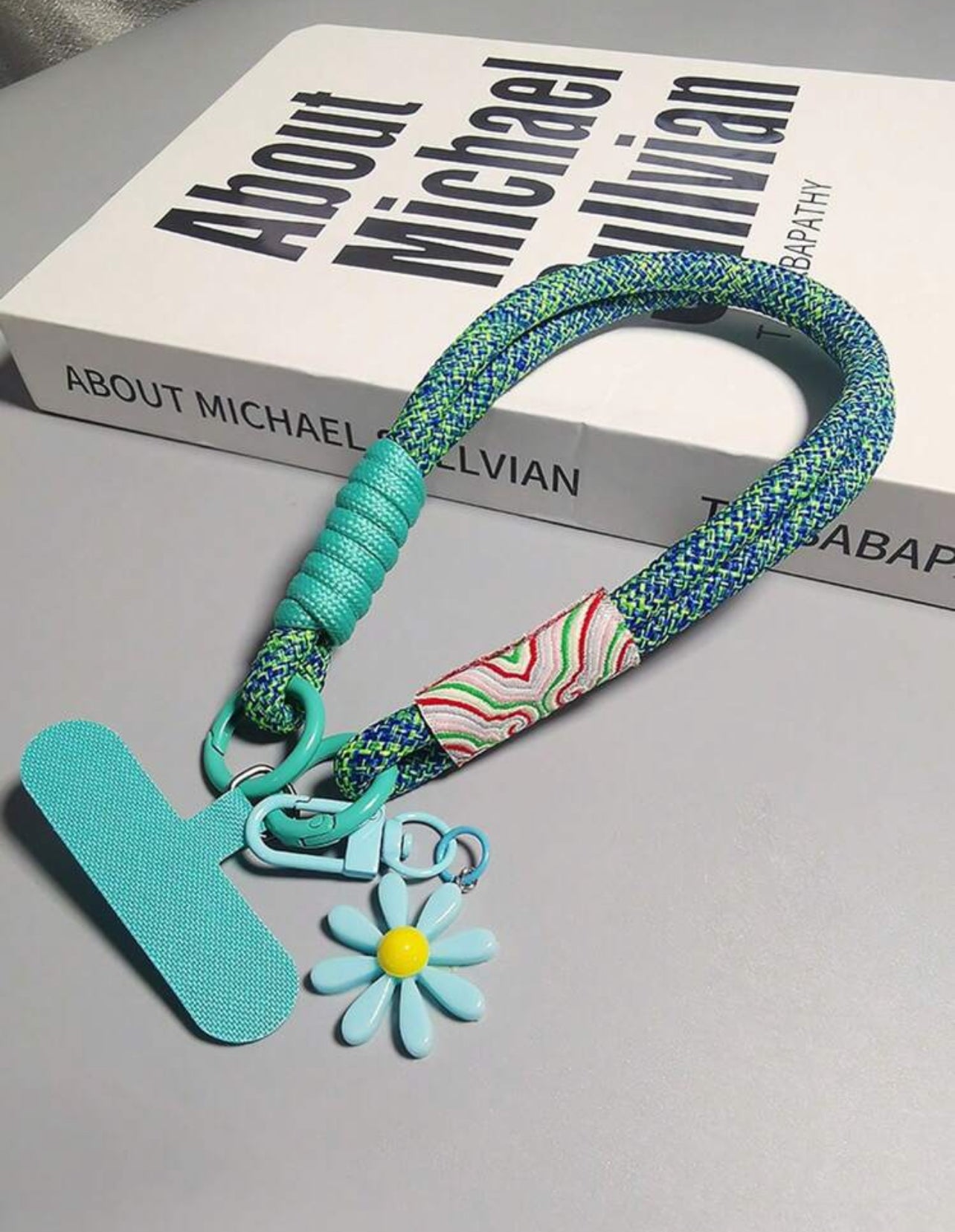 Blue Woven Strap And Daisy Details Wristband Phone Lanyard