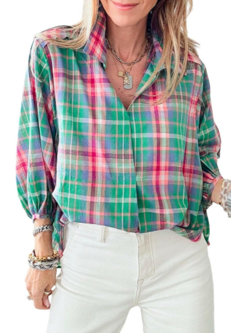 Green Checkered 3/4 Sleeve Collared Loose Fit Shirt