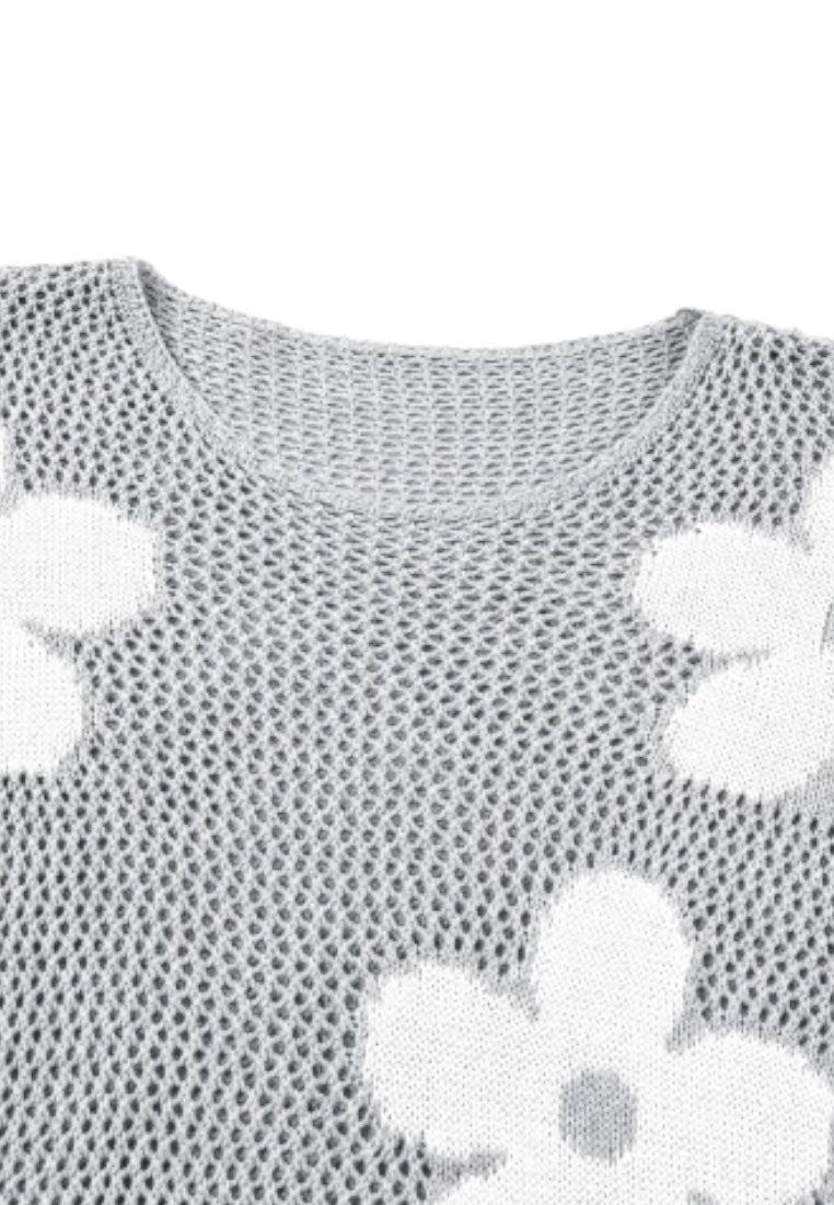 Light Grey Big Flower Hollowed Knit Drop Shoulder Sweater