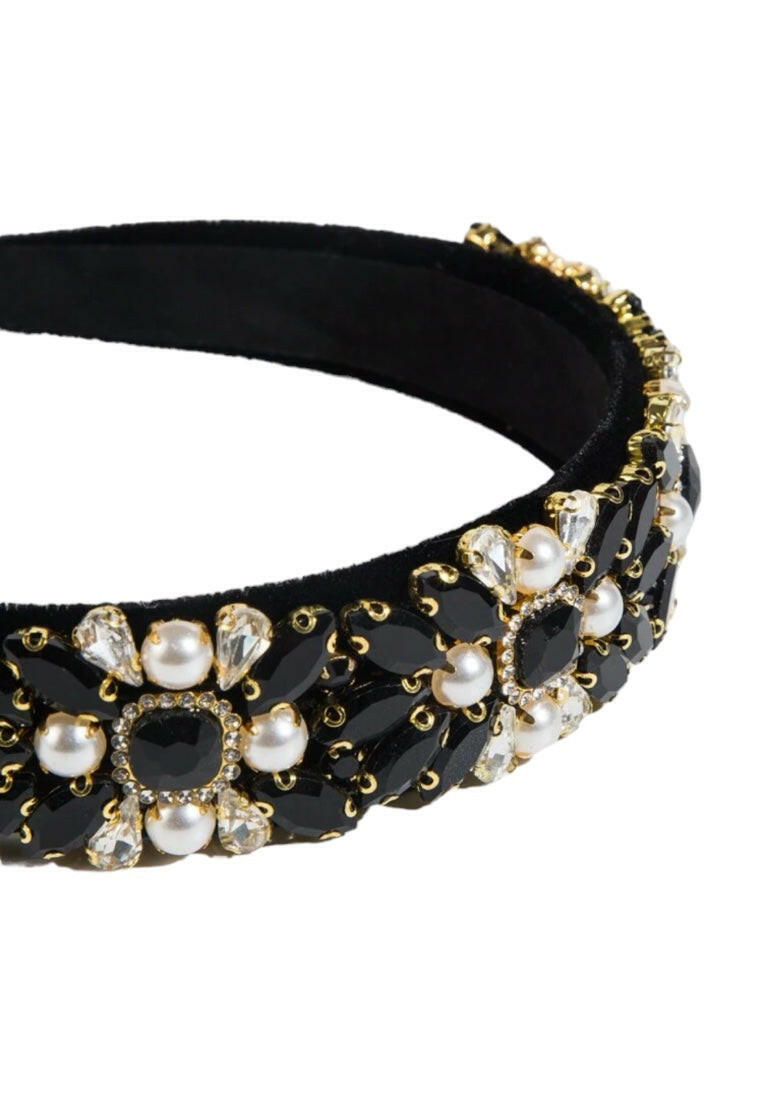 Black Jewel Decorated Headband With Wide Side & Pearl Detail