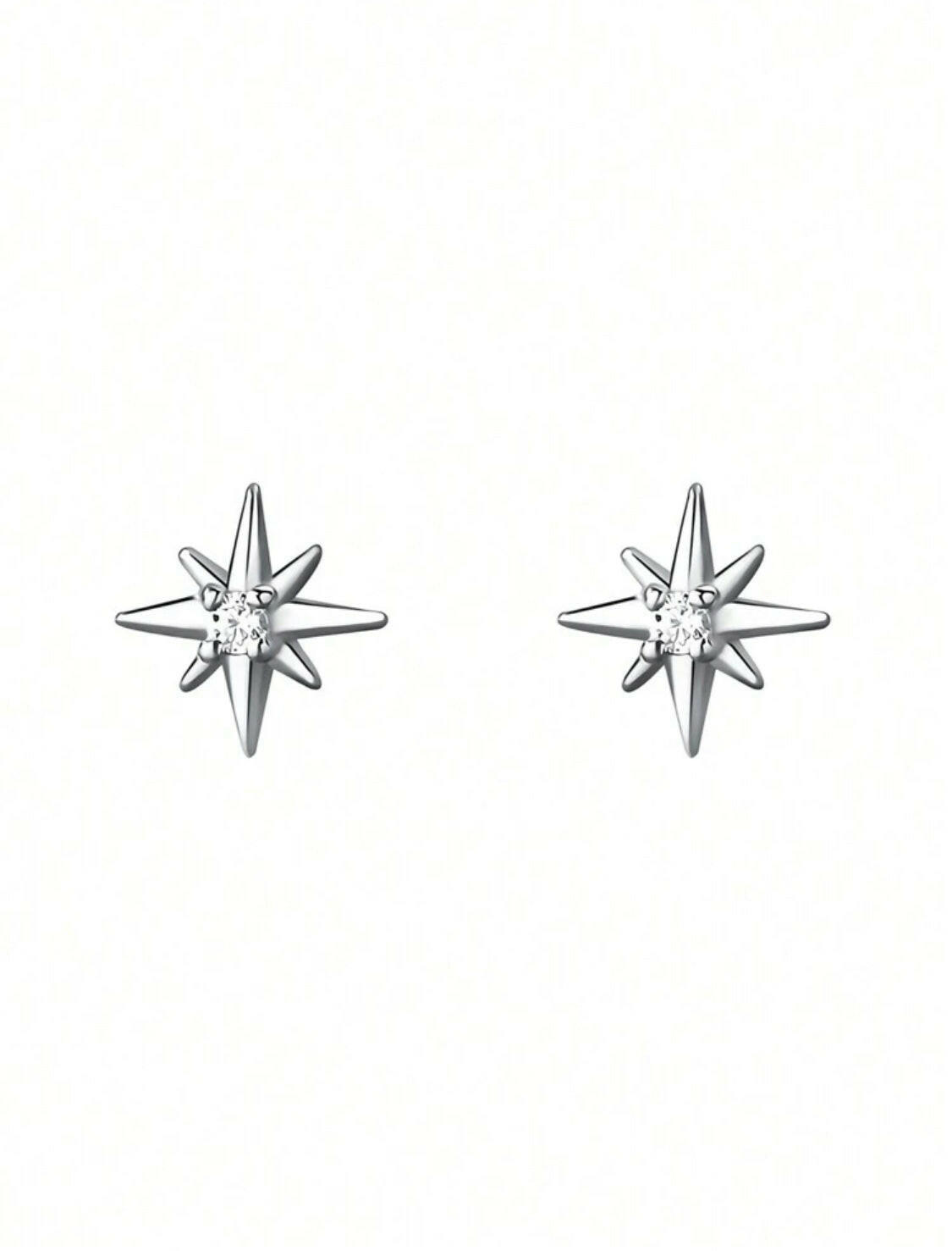 These Sterling Silver Cubic Zirconia earrings feature an eight-pointed star design, perfectly symmetrical and dazzlingly polished. Crafted with 925 silver to ensure quality and durability, they are a timeless addition to any collection.