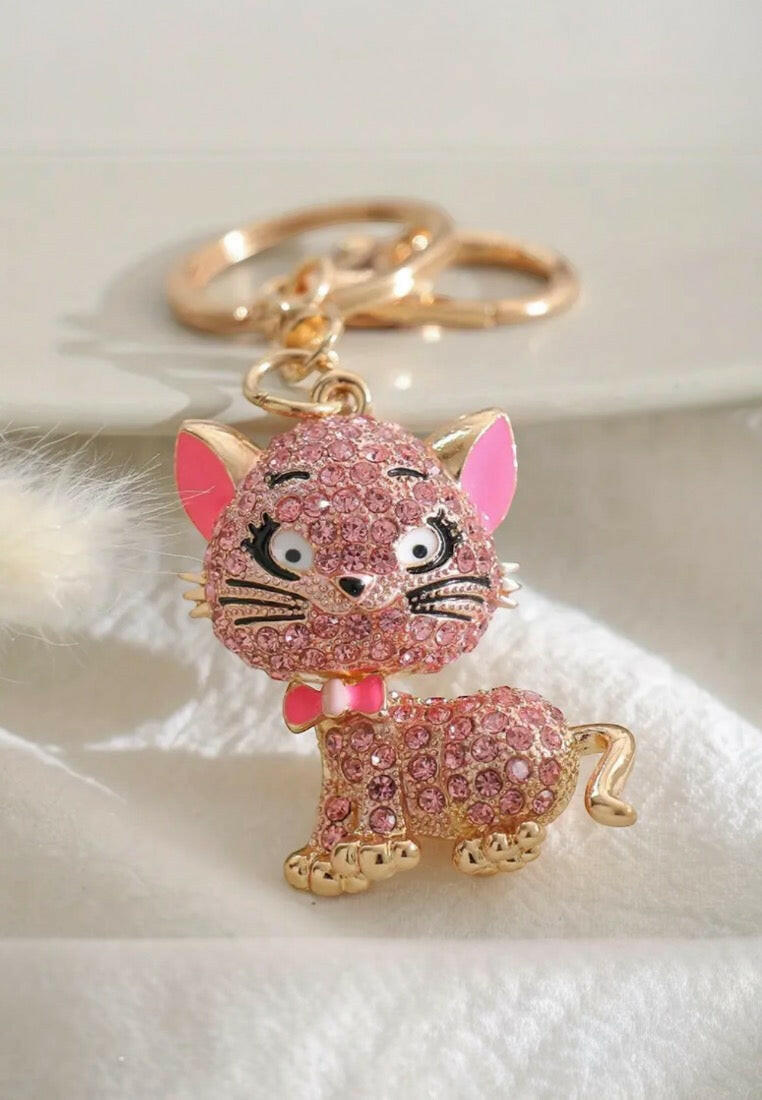 Pink Sparkling Rhinestone Cat Keychain