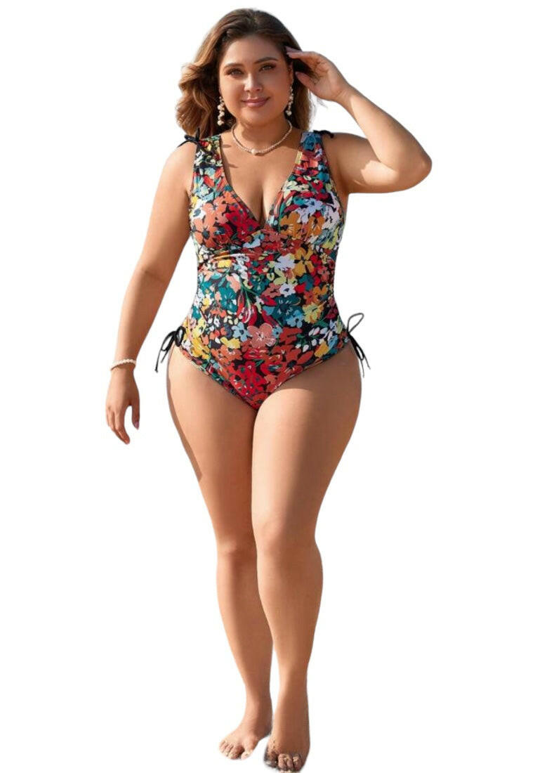 Classy Flower Print V-neck Plus Size  Swimwear
