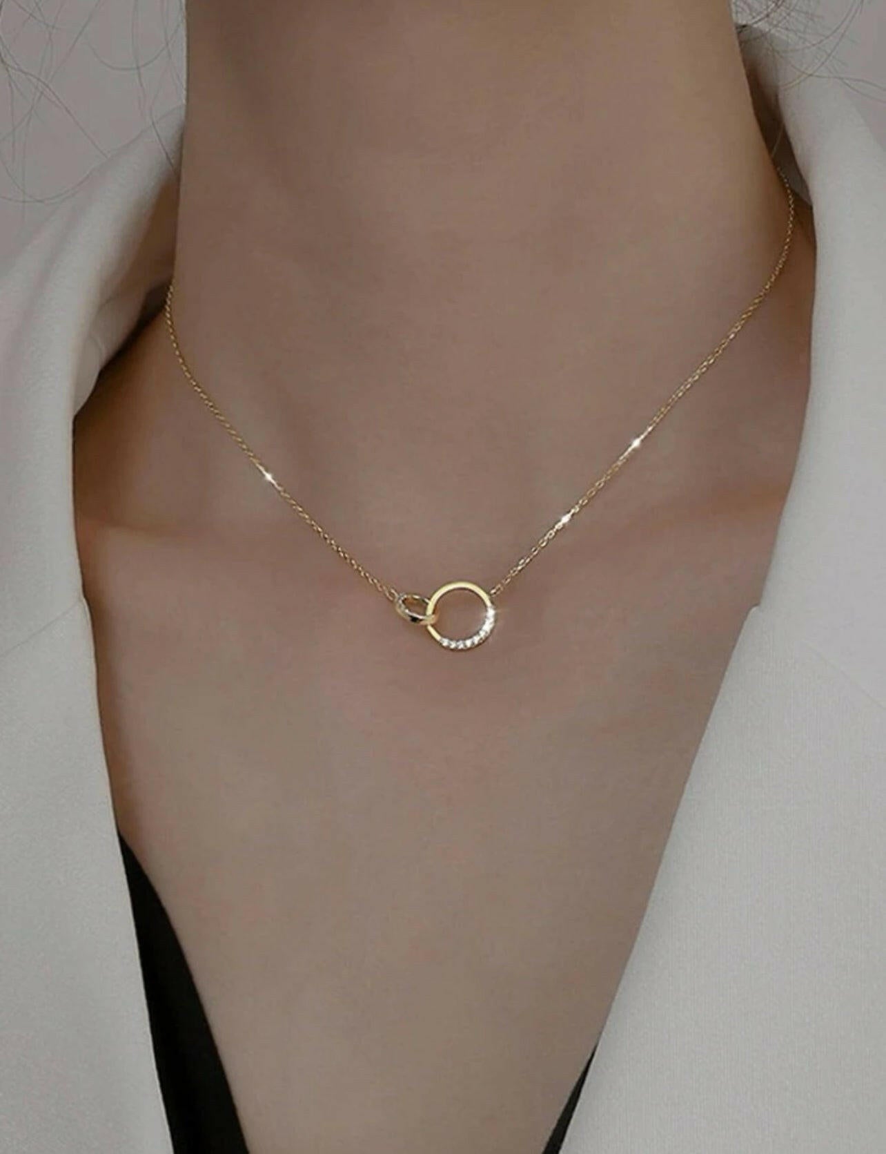 Cubic Zirconia Decor Circle Charm Sterling Silver Necklace