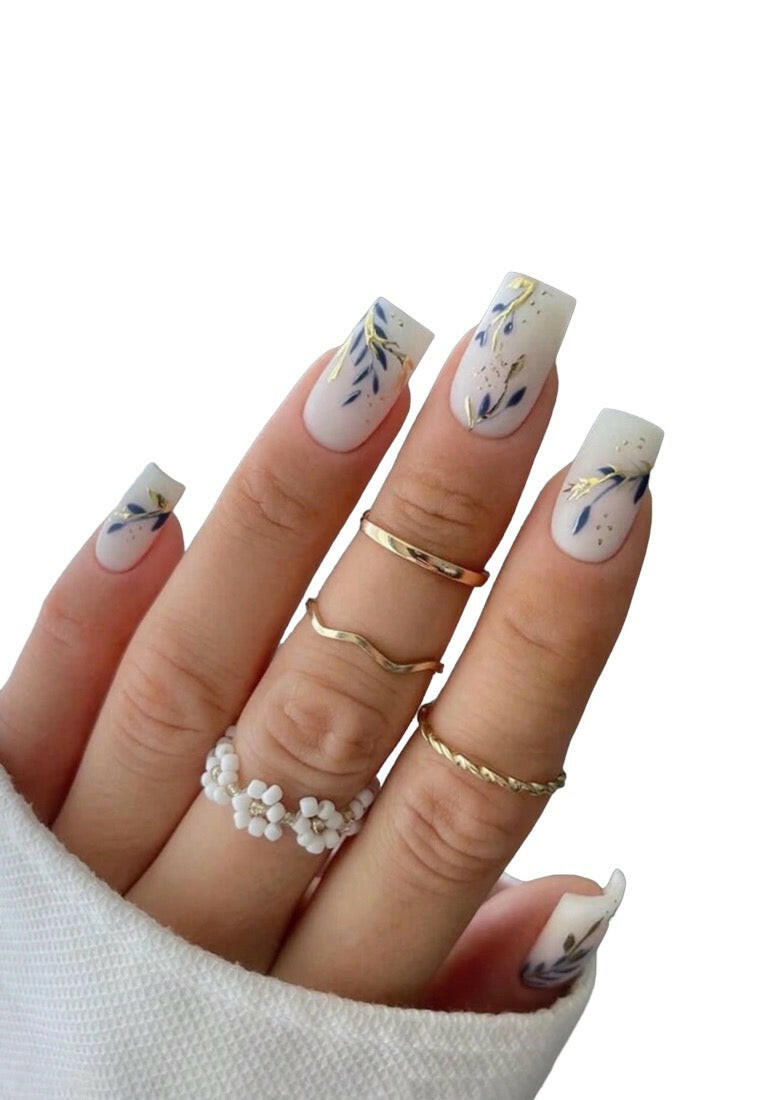 24pcs/Set Classic Jade White Matte Texture Navy Blue Tree Leaf & Gold Foil & Wheat Pattern Fake Nails