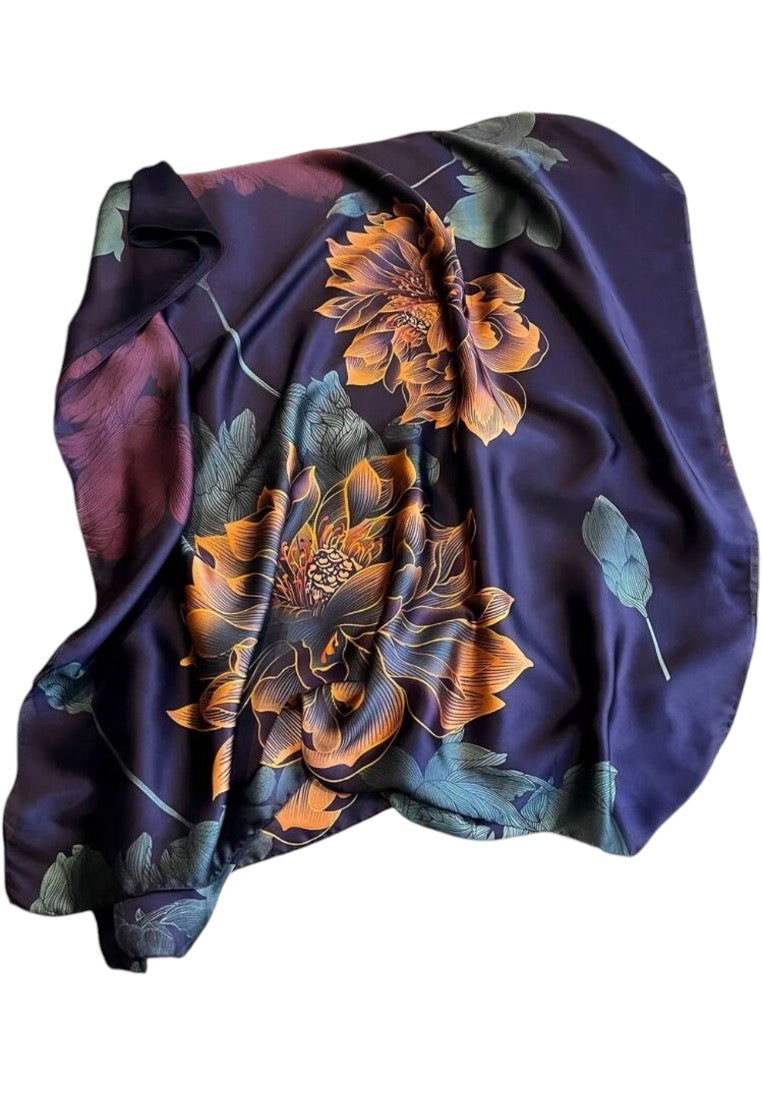 Navy Blue Floral Printed Scarf