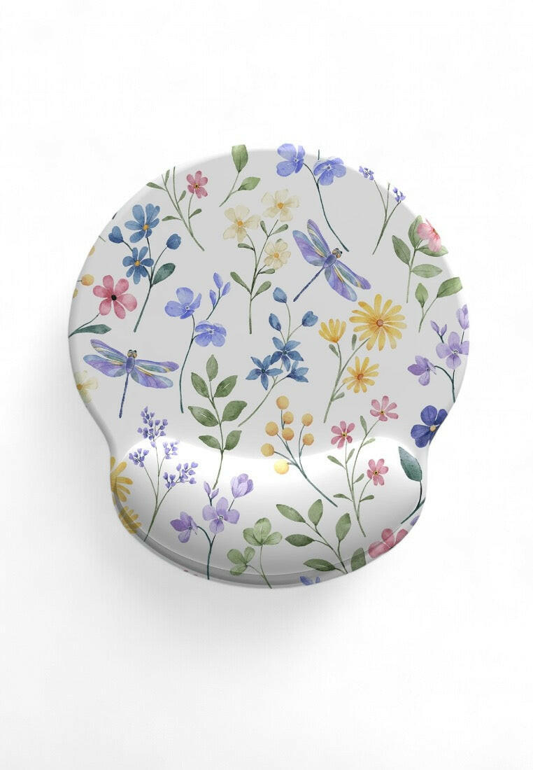 White Floral Print Wrist Rest Mouse Pad