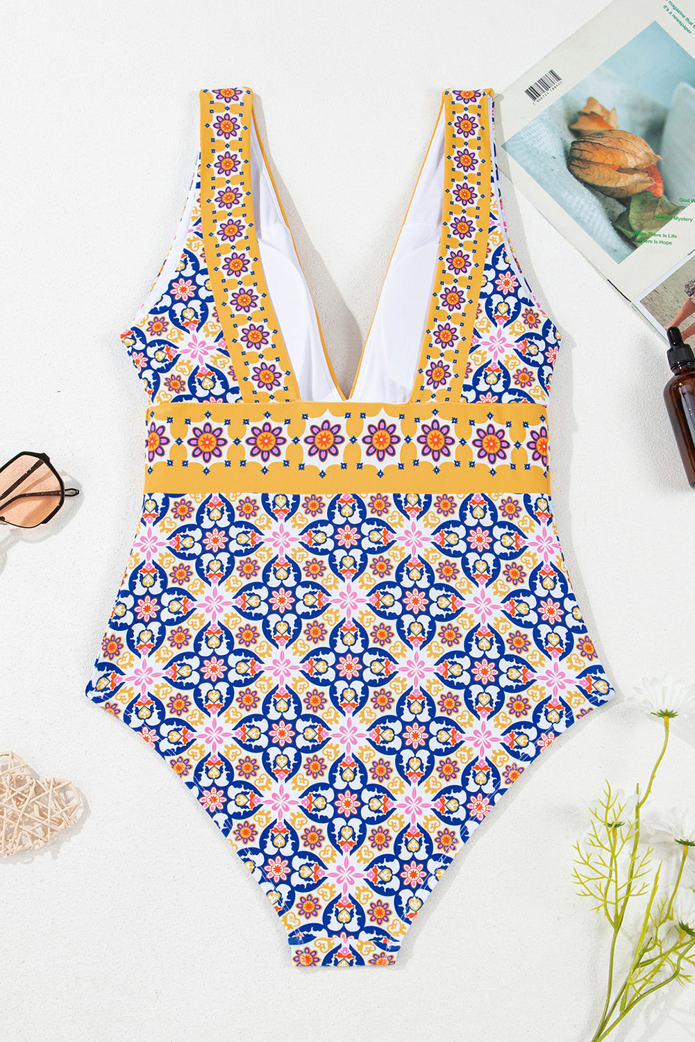 Yellow Floral Print V Neck One Piece Swimsuit