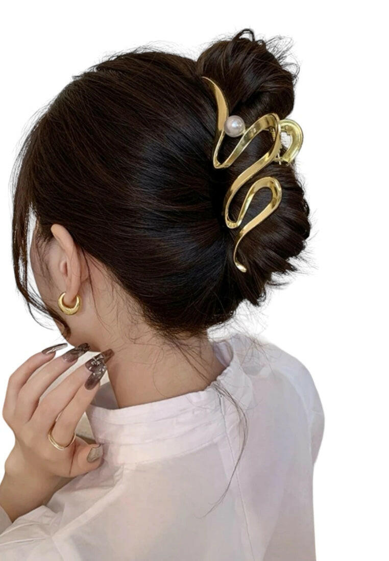 Irregular Geometric Wave Metallic & Artificial Pearl Hair Claw Clip