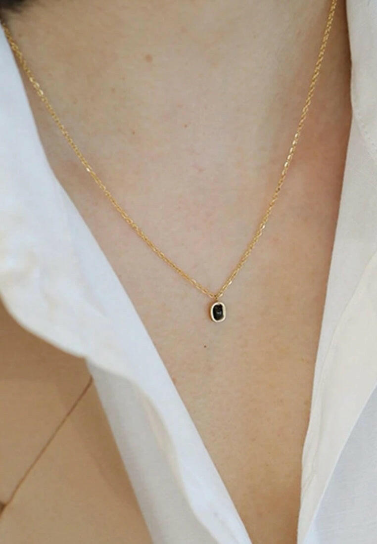 S925 Sterling Silver Gold Plated Square Black Pendant Necklace