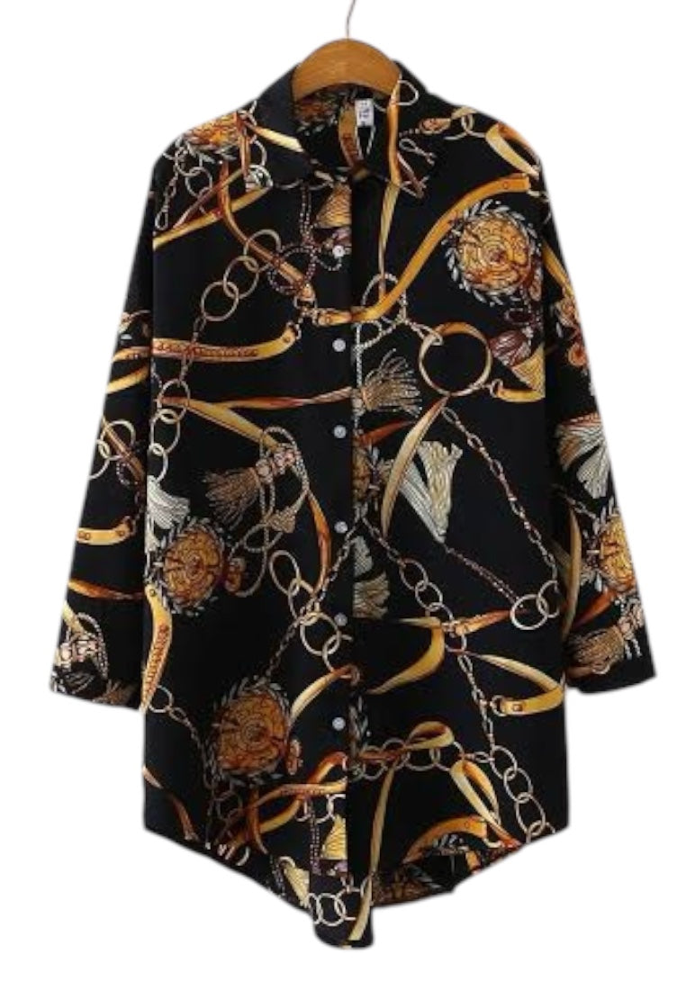 Black Chain Print Long Back Front Button Long Sleeve
