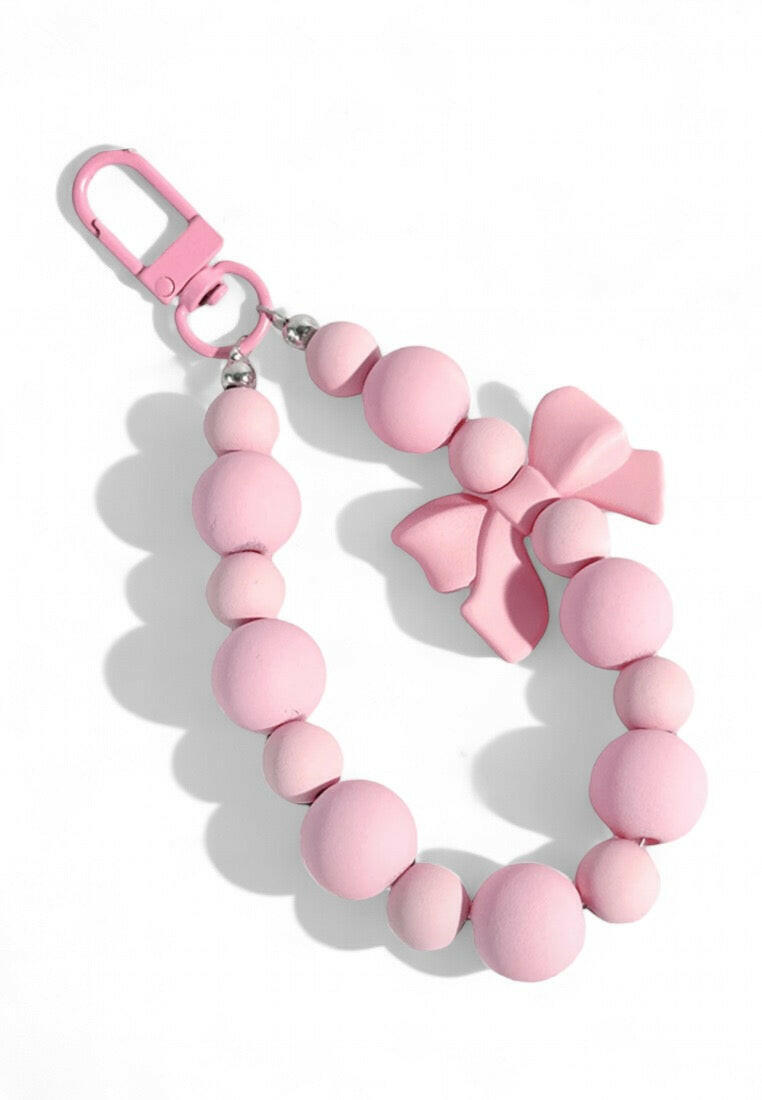 Pink Bow Wooden Beaded Bracelet Keychain