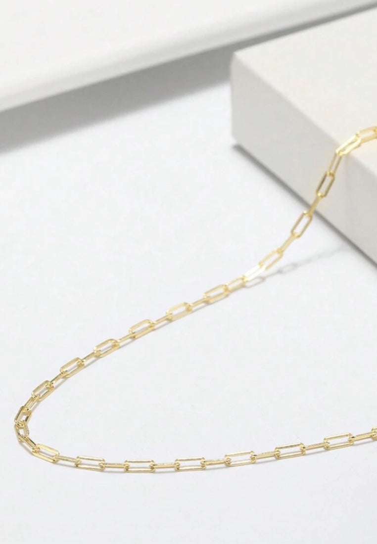 S925 Sterling Silver Paper Clip Plain Chain Plated 14K Gold Necklace