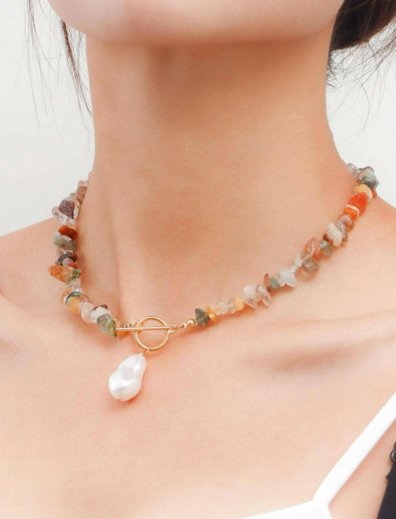 Faux Pearl Charm Stone Beaded Necklace