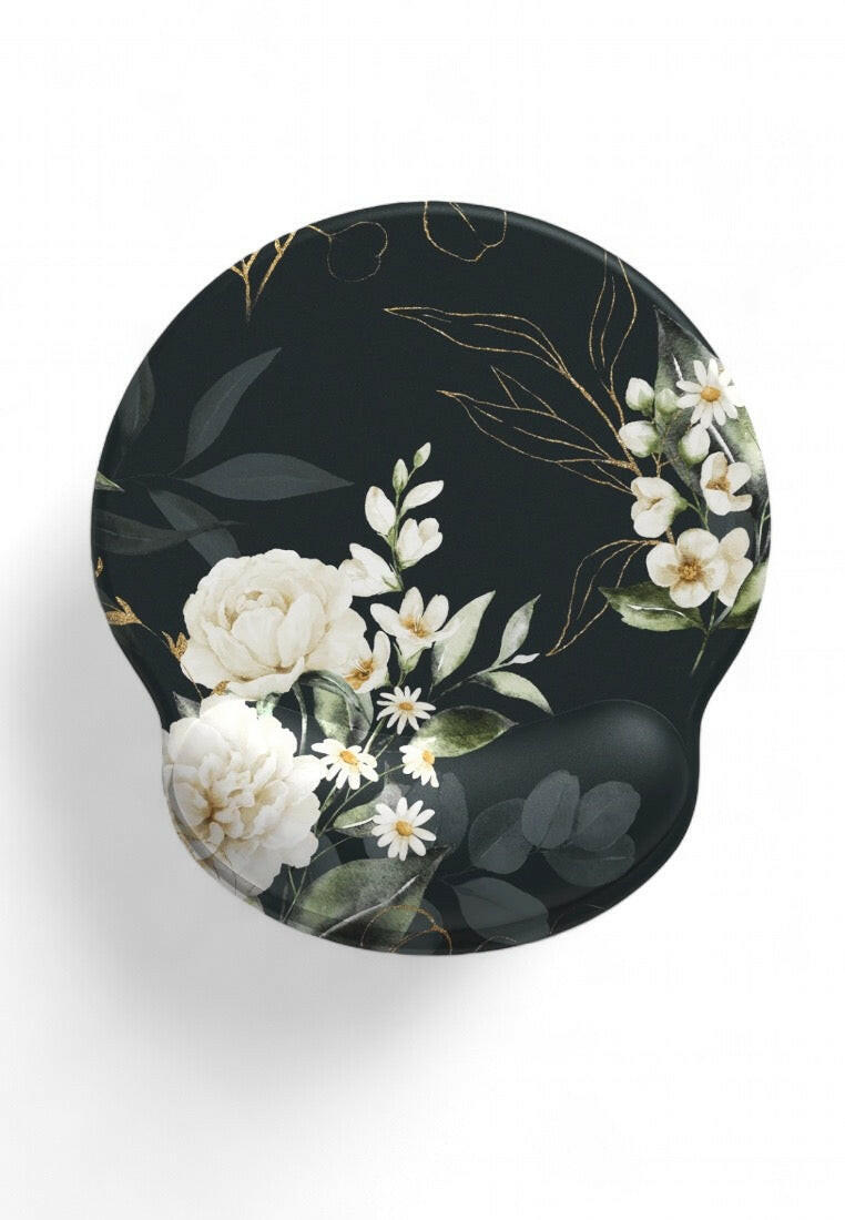 White Floral Plant Texture Wrist Support Mouse Pad