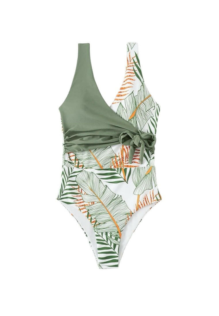 Leaf Print Ruched Knot Front One Piece Swimsuit