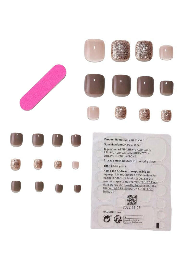 24pcs Short Square Atmosphere Camel-Tone Mix Of Glitter And Solid-Colored Toenail Art Pieces