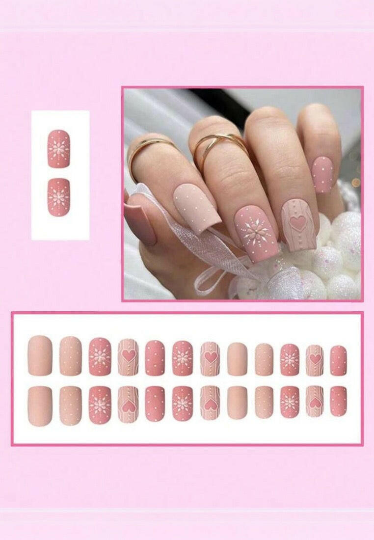24pcs French Style Matte Texture 3D Snowflake Heart & Circle Shaped False Nails