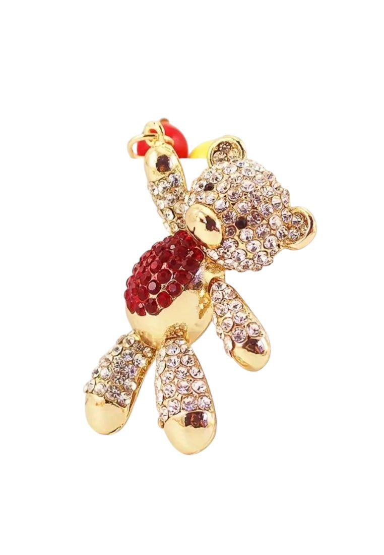 Red Sparkling Rhinestone Teddy Bear Keychain with Colorful Beads
