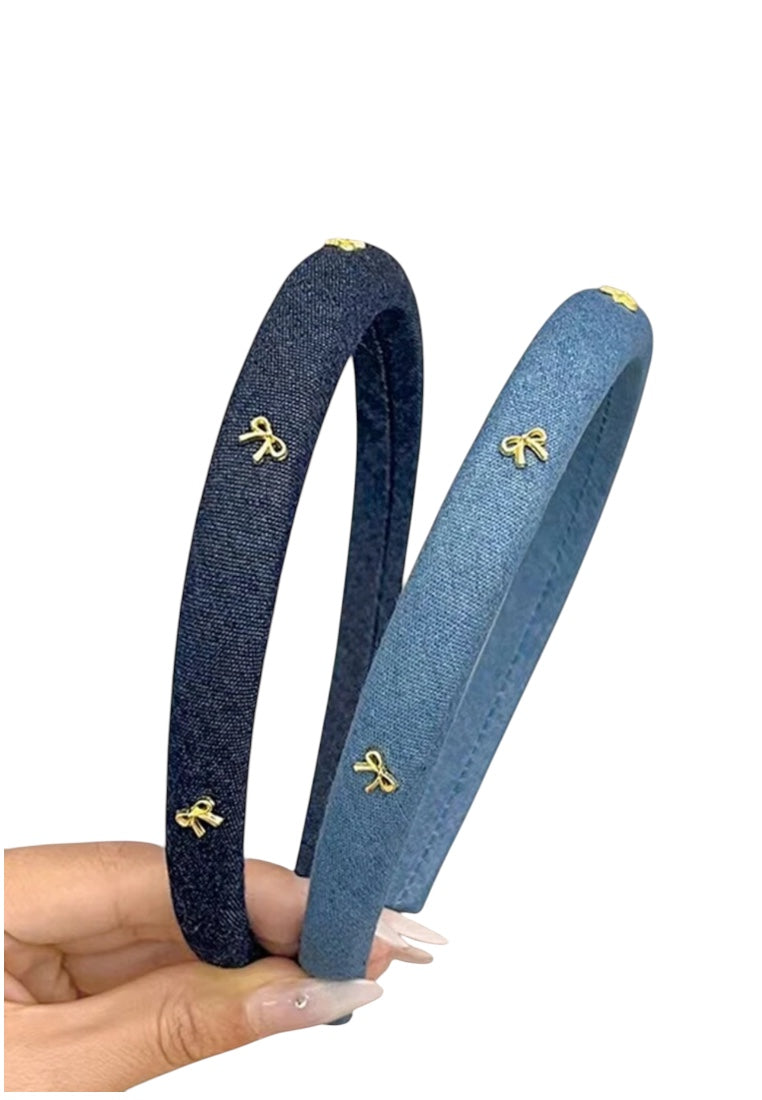2Pcs Girls Denim Blue Sponged Headband With Bow Trim