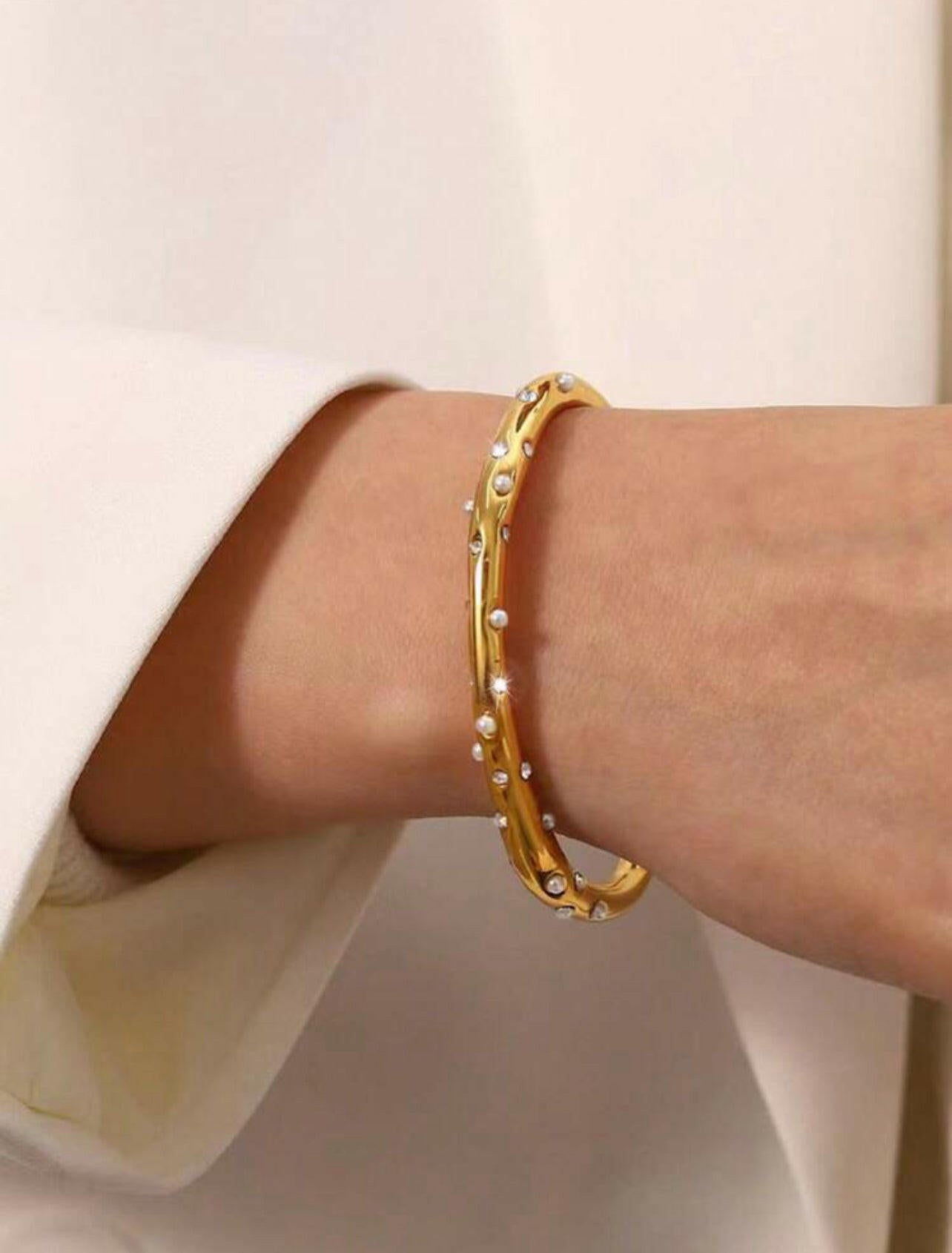 Stainless Steel Pearl And Cubic Zirconia Embedded Cuff Bracelet