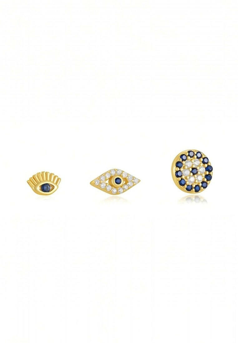 925 Sterling Silver Gold-Plated Evil Eye Earrings (3 pcs)