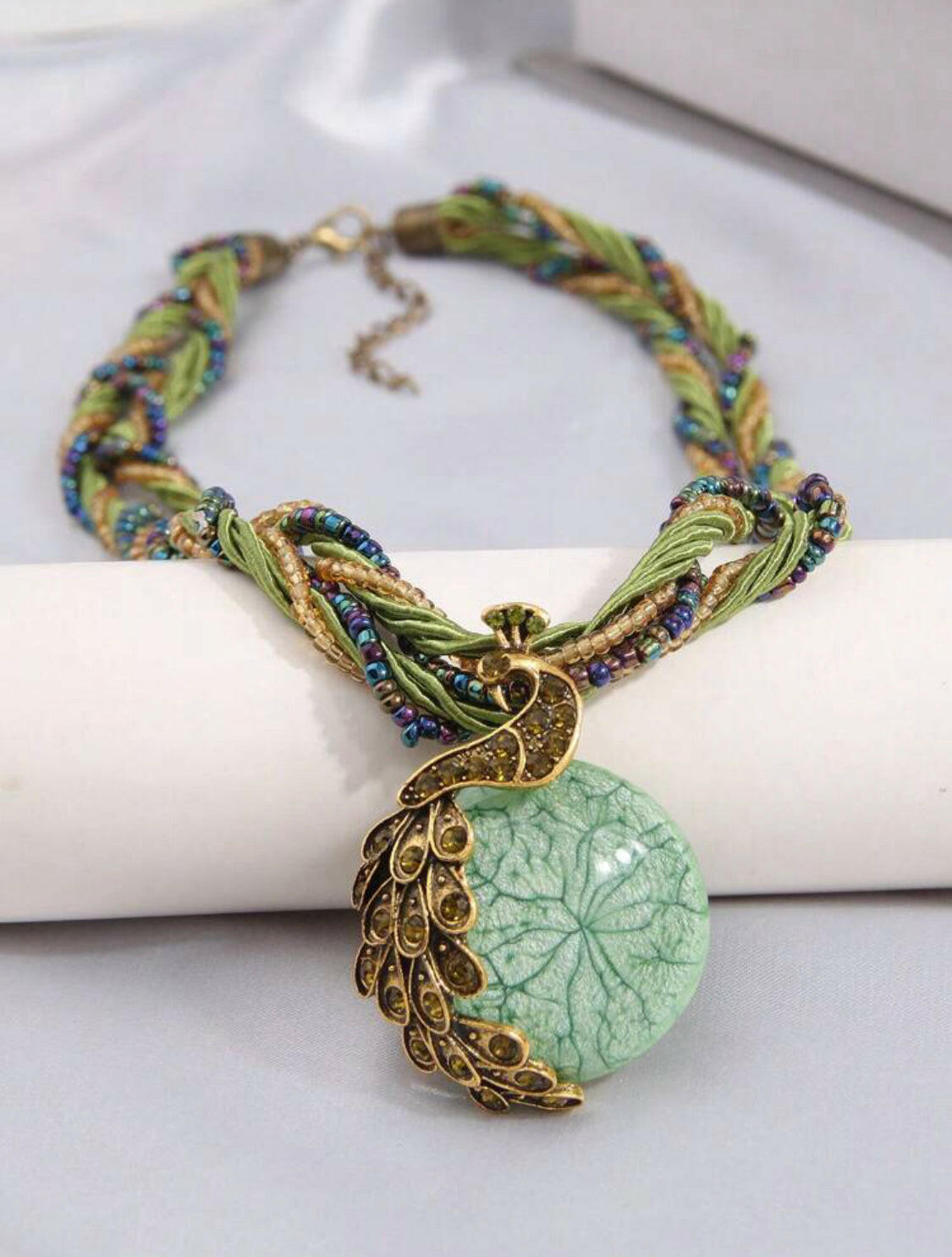 Green Vintage Peacock Shaped Pendant With Rhinestone Necklace
