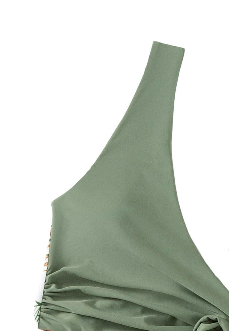 Leaf Print Ruched Knot Front One Piece Swimsuit