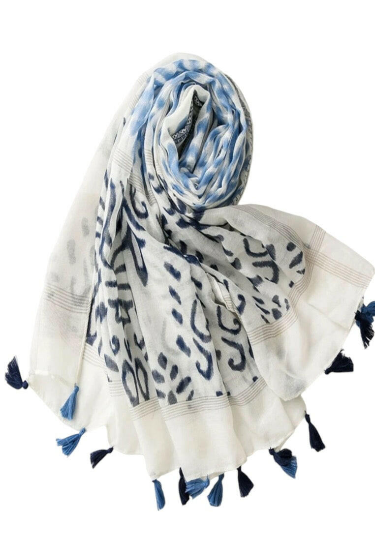 Blue and White Printed Scarf