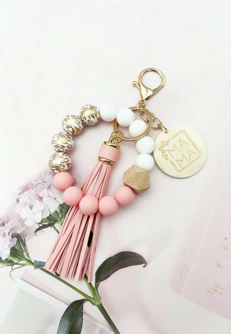 Mom Themed Wooden Beaded Tassel Bracelet Keychain