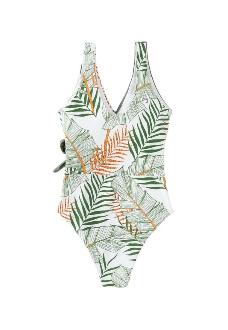 Leaf Print Ruched Knot Front One Piece Swimsuit