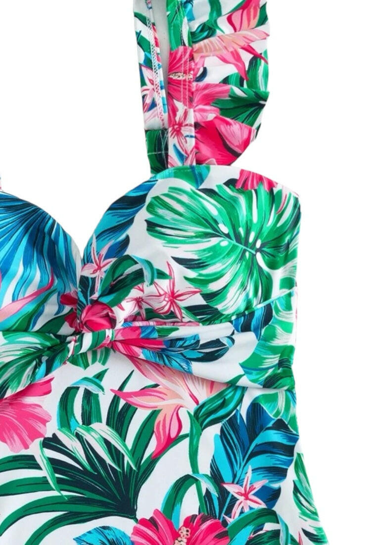 Tropical Print Ruffle Trim Twist Front Ruched One Piece Swimsuit