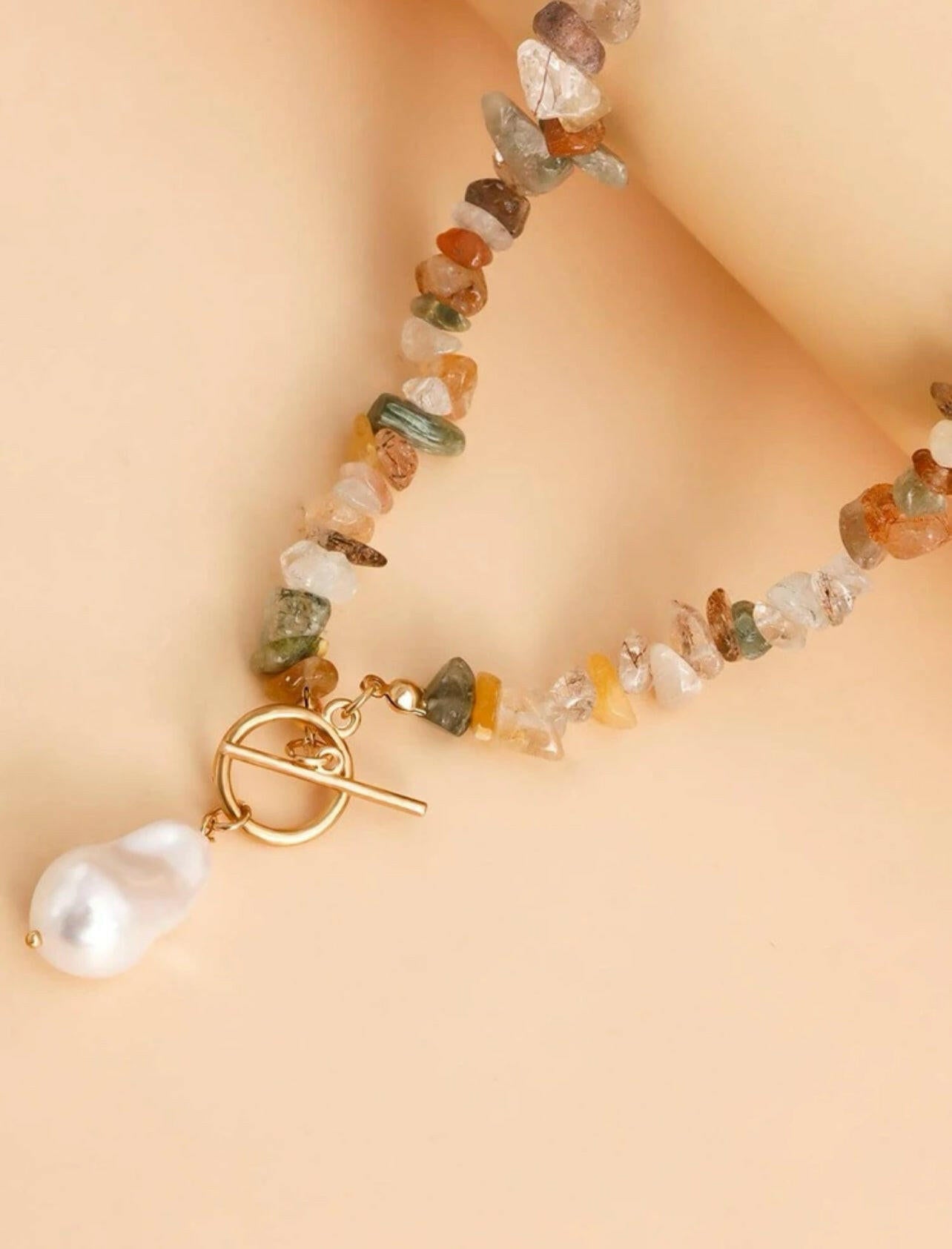 Faux Pearl Charm Stone Beaded Necklace