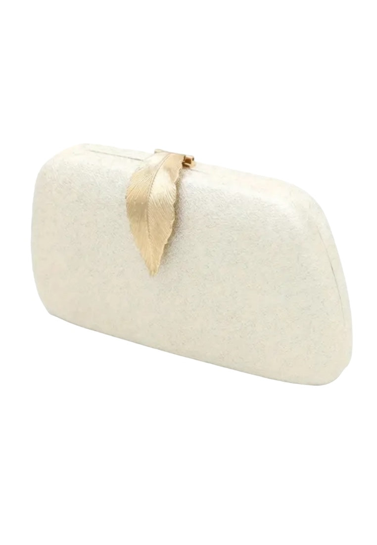 White Elegant Metal Leaf Clasp Evening Clutch Bag