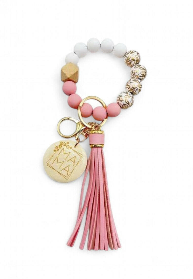 Mom Themed Wooden Beaded Tassel Bracelet Keychain
