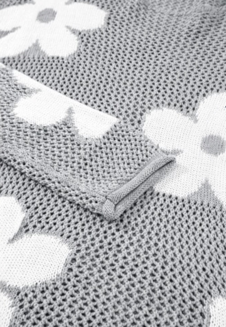 Light Grey Big Flower Hollowed Knit Drop Shoulder Sweater
