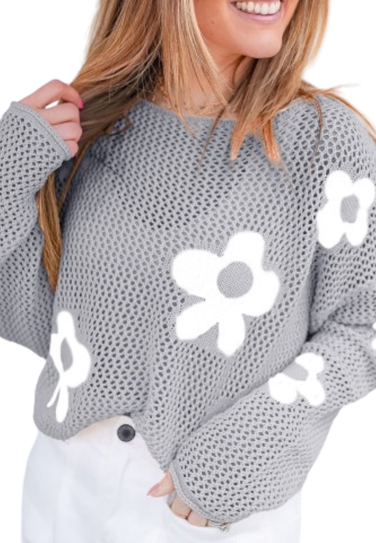 Light Grey Big Flower Hollowed Knit Drop Shoulder Sweater