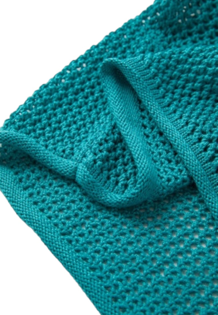 Sea Green Big Flower Hollowed Knit Drop Shoulder Sweater