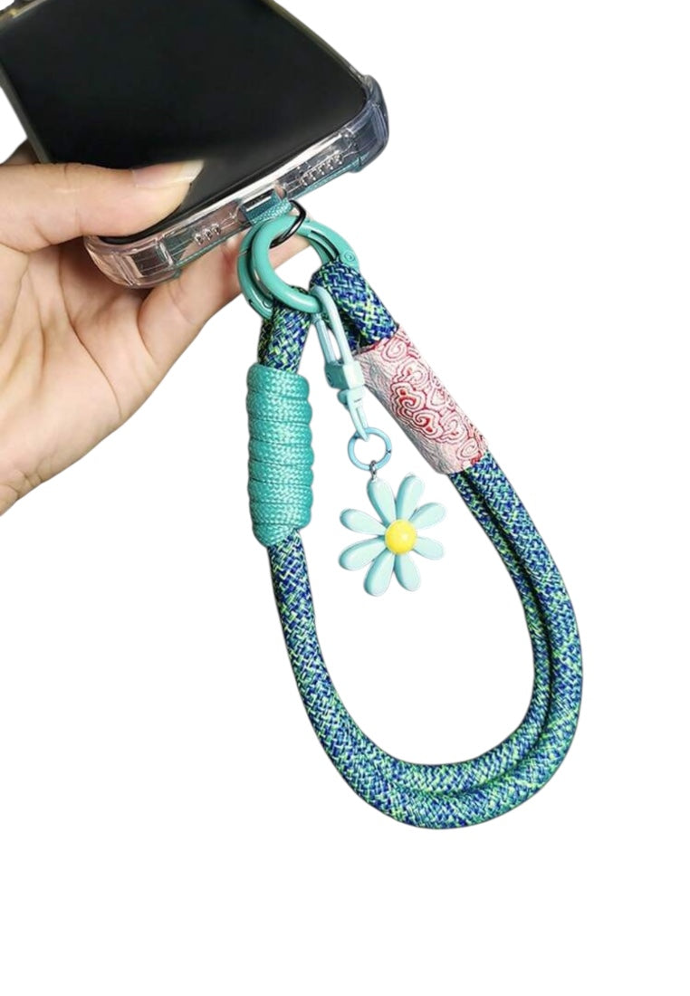 Blue Woven Strap And Daisy Details Wristband Phone Lanyard