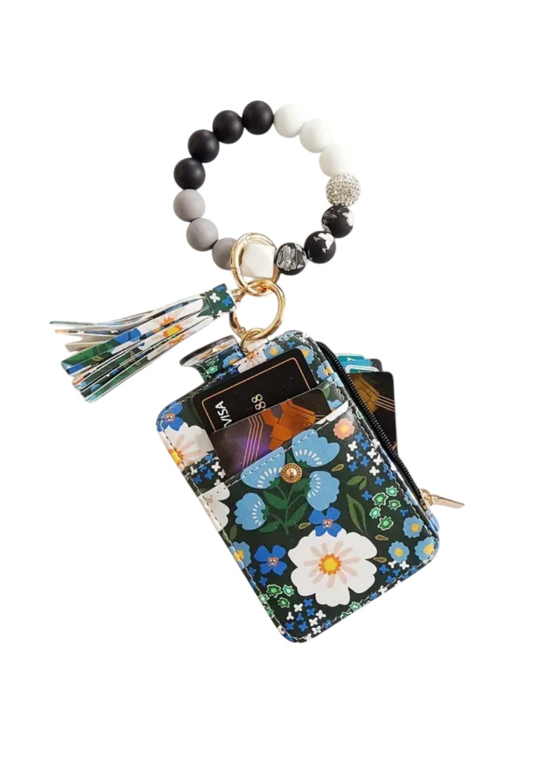 Blue Stylish Floral Synthetic Leather Wallet with Tassel & Beaded Keychain