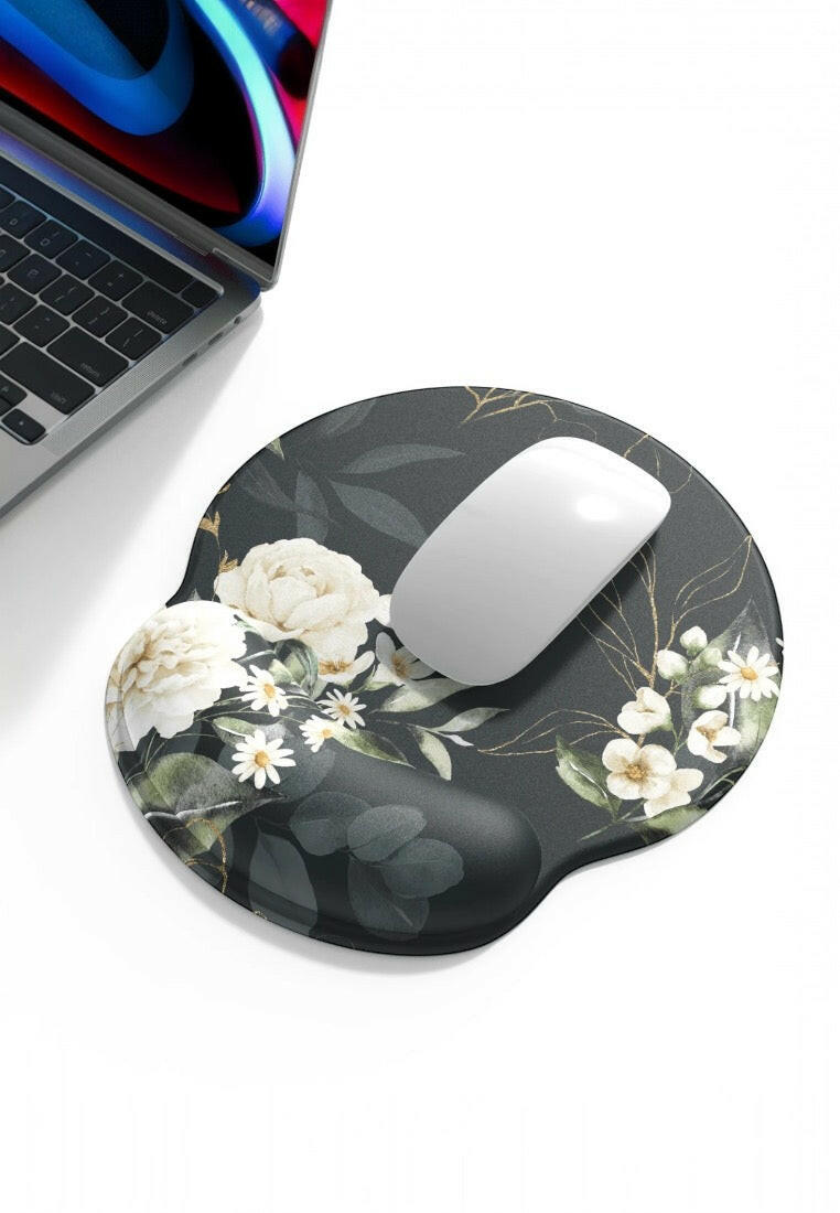 White Floral Plant Texture Wrist Support Mouse Pad
